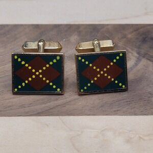 Vintage Argyle Cufflinks Signed Swank Red Black White Gold Tone Enamel